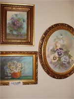 Three (3) Small oil paintings of Flowers