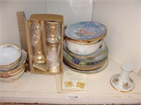 Gold Plated Candle Sticks & assortment of painted