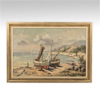 Italian Harbor Scene - Oil on Canvas - Signed