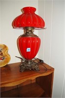 ANTIQUE RED GLASS OIL LAMP HAS BEEN ELECTRIFIED