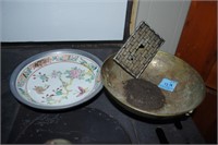 BRASS BOWL, ASIAN DECORATED BOWL AND METAL PLATE