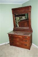 BURL WALNUT, MARBLE TOP DRESSER WITH MIRROR AND