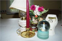 ASSORTED LOT: CANDLE STICK, LAMP, SNOW GLOBE,
