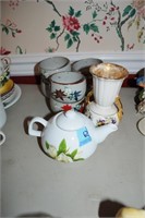 TEA POT, TEA CUPS AND VASE