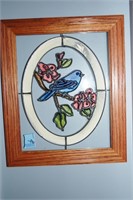 BLUE BIRD STAINED GLASS PANEL - 10" X 12"