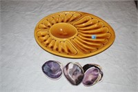 CALIFORNIA POTTERY SERVING DISH AND CLAM SHELLS