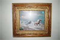 WILD PONIES PRINT IN ANTIQUE OAK AND GOLD FRAME