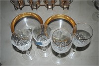 2 CRYSTAL WINE GLASSES, 2 WIDE BAND SHERBETS AND