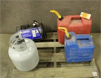 (2) Gas Cans, Portable Air Tank, and LP Tank