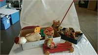 Two boxes vintage pull toys and miscellaneous