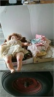Vintage doll and doll clothes