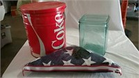 Coca Cola tin, glass Reservoir and flag