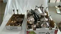 Assorted silverplate service pieces, candle