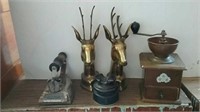 Deer bookends, coffee grinder, iron and
