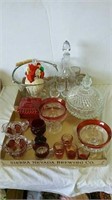 Two boxes of Ruby flash glass, decanter sets and