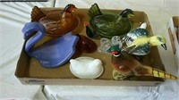 Glass covered hens and miscellaneous bird pieces