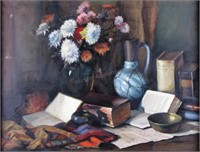 Uncl Signed 24x30 O/C Still Life, Books, Flower