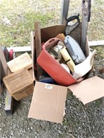Lot with a box of misc. tools including a handsaw,