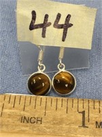 Pair of small round tiger eye dangle earrings  (a