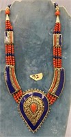 Lapis and coral and silver alloy necklace   (a 7)