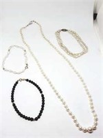 Pearl Necklace & 3 Bracelets All 14K