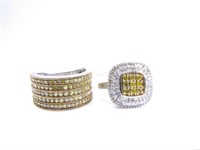 Two Sterling Silver Yellow and White Diamond Rings