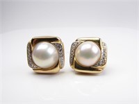 Pair of 14K YG Mabe Pearl, Diamond Earrings