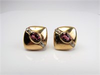 Pair of 14K YG Pink Tourmaline, Diamond Earrings