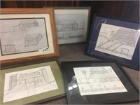 4 drawings of an old barn