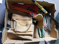 tool belt, tools, pipe wrenches, crow bar