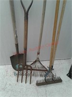5 yard and garden tools  - rakes shovel
