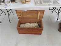 Small cedar chest w/ crochete table cloth