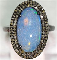 15V- Sterling silver opal & diamond ring -Size 7