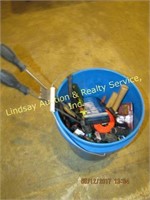 Blue 5 gallon bucket of mixed New/Used tools: