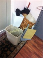 Grouping of Waste Baskets, Umbrella, Paper Cutter,