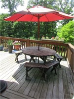 Patio Table, Benches, Umbrella