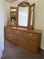Oak 7 drawer dresser and 3 section mirror by