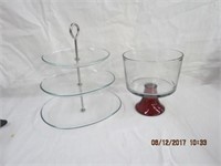 Glass 3 tier cake plate and a trifle bowl