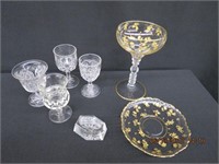 3 Pattern glass, 4" goblets, open salter and gold