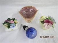 2 China florals (as is), wine stopper, cased