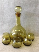 Vintage Olive Green Glass Hand Blown Decanter Set