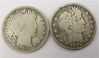 2pc US 1898, 1899 Silver Barber Quarter 25 Cent