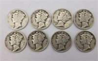 8pc 1935-37,39 US Mercury Silver Dime Coins