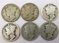 6pc 1925, 29, 2(X) US Mercury Silver Dime Coins