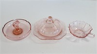 Pink Depression Glass - Butter Dish, Relish Tray