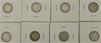8pc US Barber Dime Coins, 1899-01,1907, 1913-16