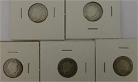 5pc US Barber Dime Coins: 1901, 1913, 1914, 1916