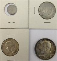 4pc US Silver Coins: 3 Cent, Quarter, Half-Dollar