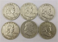 6pc 1951-54,59-60 Franklin Silver Half Dollar Coin