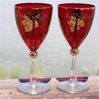 (2) Ruby Red Wine Glasses w/Gold Etching